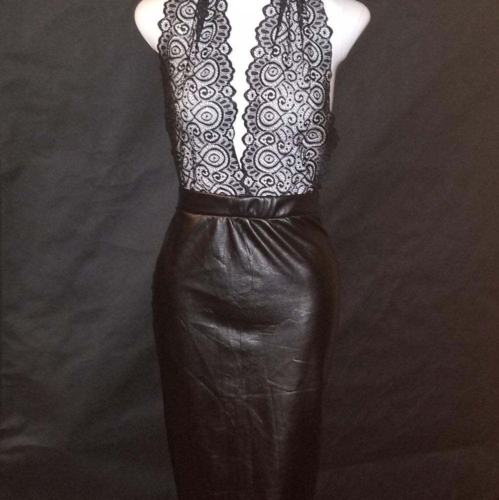 Lace and leather pencil skirt